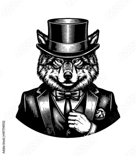 Portrait of wolf wearing suit, tie and hat in vector engraving black and white style