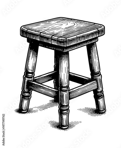 Wooden Stool with Four Legs in Detailed Black and White Engraving Style Illustration