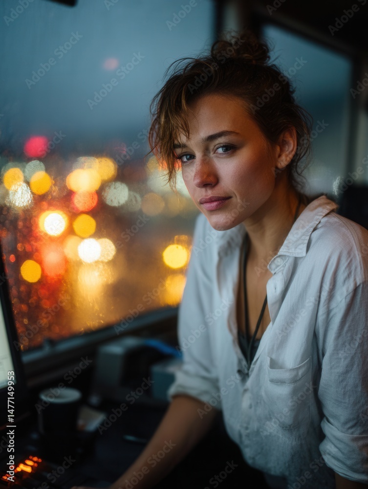 Obraz premium Young woman working in control tower or monitoring room during rainy evening night with city lights blurred in background