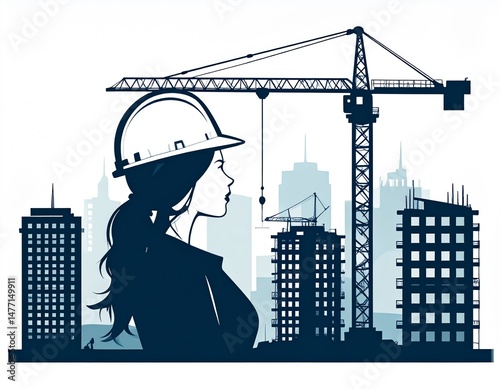 industrial illustration of construction industry business construction cranes building large city and professionals of industry wearing working helmets