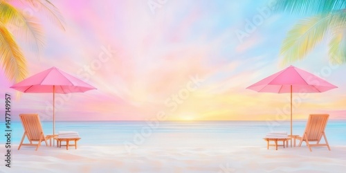 Tropical beach sunset with pastel umbrellas chairs. Ocean paradise with relaxation, vacation, sand, and sky. Serene landscape, tranquil getaway, dreamy concept, leisure nature, luxury decor, peaceful