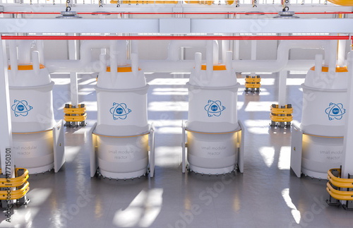 concept of a SMR small modular nuclear reactor power plant on a sunny day. SMR is a future energy concept. 3d rendering.