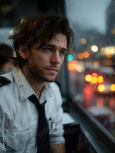 Young male train conductor looking out the window on a rainy evening, city blurred lights in background
