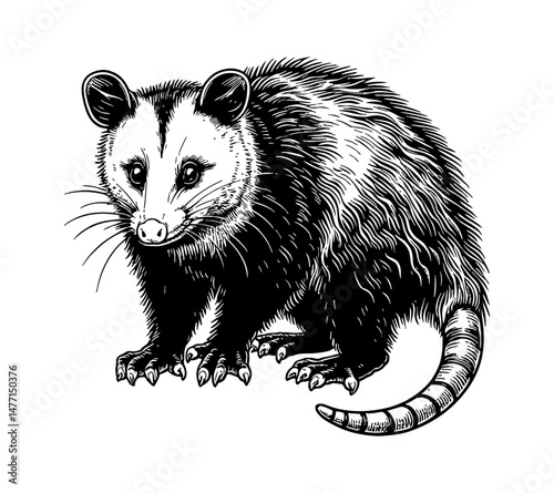 Engraved Vector Graphic of an Opossum Sitting, Looking Forward in Black and White, Detailed Illustration