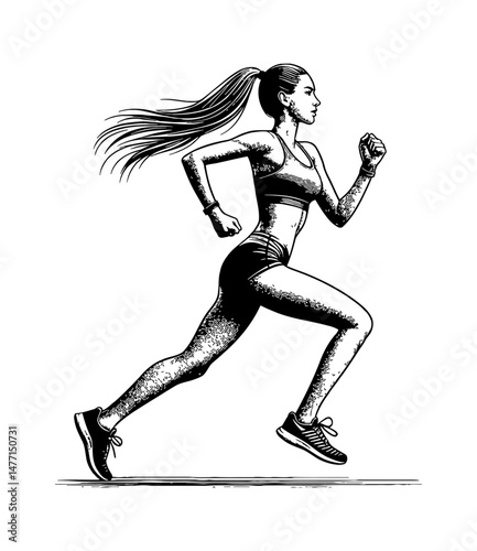 Woman Running in Sportswear with Ponytail in Black and White Detailed Line Art Engrave Drawing
