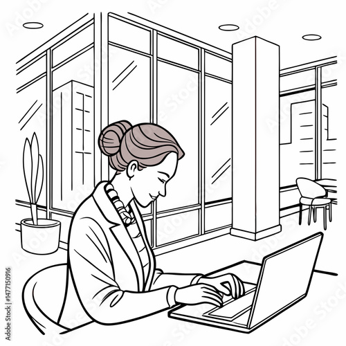 Sketch style doodle of Young serious female ceo lawyer businesswoman sitting at desk working typing on laptop computer in contemporary corporation office