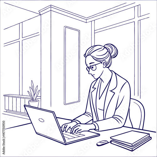 Sketch style doodle of Young serious female ceo lawyer businesswoman sitting at desk working typing on laptop computer in contemporary corporation office
