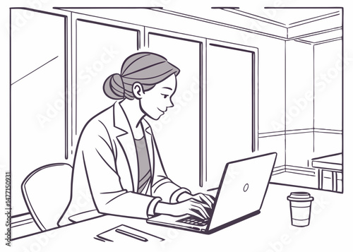 Sketch style doodle of Young serious female ceo lawyer businesswoman sitting at desk working typing on laptop computer in contemporary corporation office