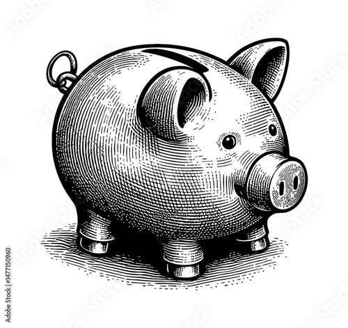 Illustration of Piggy Bank in Engraving Style Black and White, Investment Concept