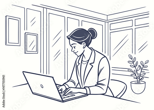 Sketch style doodle of Young serious female ceo lawyer businesswoman sitting at desk working typing on laptop computer in contemporary corporation office