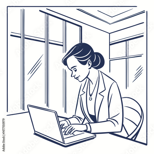 Sketch style doodle of Young serious female ceo lawyer businesswoman sitting at desk working typing on laptop computer in contemporary corporation office