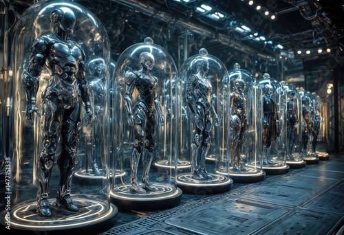 a futuristic laboratory showcases rows of sleek, humanoid robots encased in illuminated glass domes, suggesting advanced technological development and potential for artificial life.