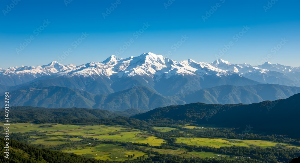 Obraz premium Stunning Caucasus Mountain Range View Green Valley Clear Blue Sky Summer Day Majestic Peaks Snow Capped Scenic Beauty Georgia