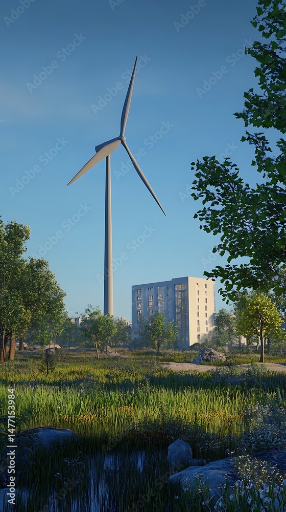 Obraz premium Wind turbine in a green landscape generating clean energy