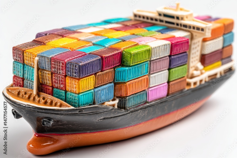 Obraz premium Model of a cargo ship loaded with colorful shipping containers designed for decoration