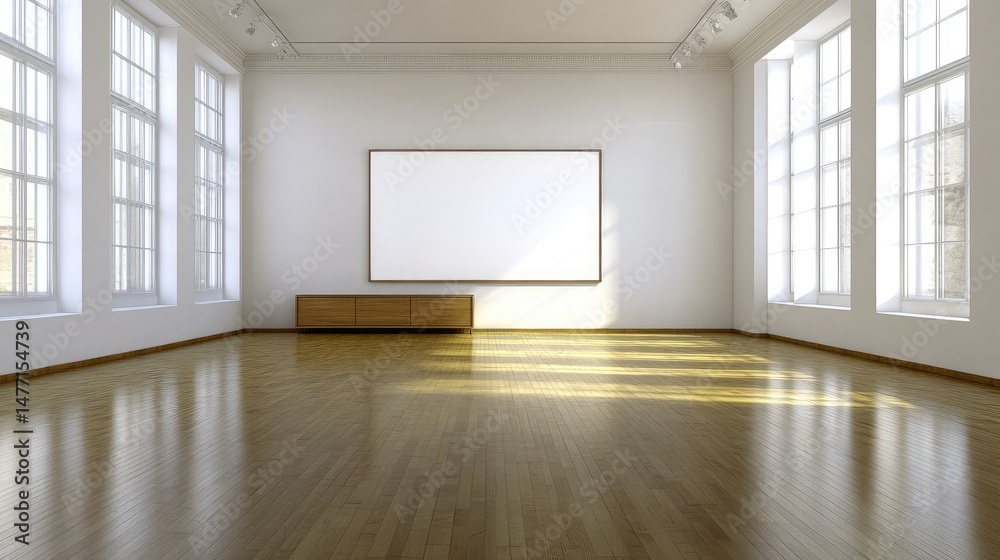 Fototapeta premium Empty modern gallery room with large blank canvas.