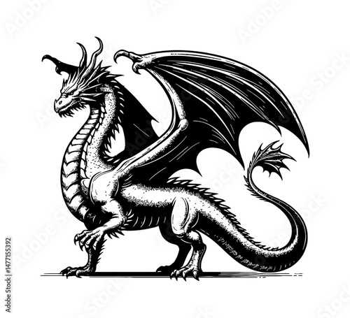 Detailed black and white drawing of a fantasy dragon standing in a side view pose with wing
