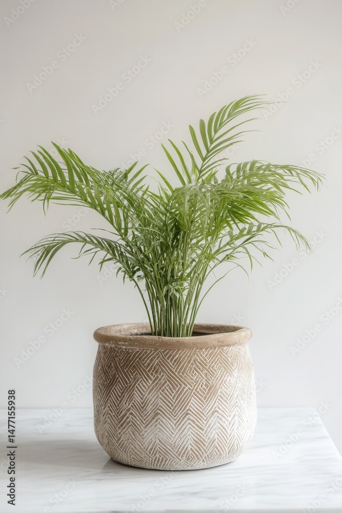 Fototapeta premium Studio shot of areca palm in textured pot on marble table against white wall minimalist aesthetic home decor still life