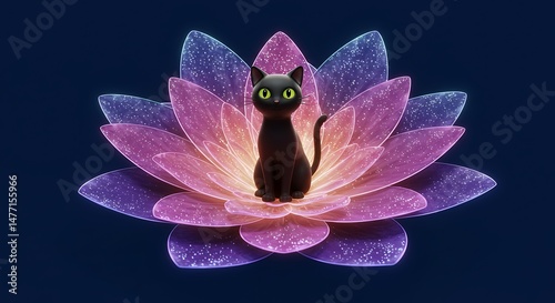 Black Cat in Glowing Lotus Flower