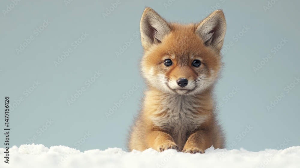 Obraz premium Lindo retrato de coyote bebé con fondo azul claro para la educación sobre la vida silvestre y la conservación animal.