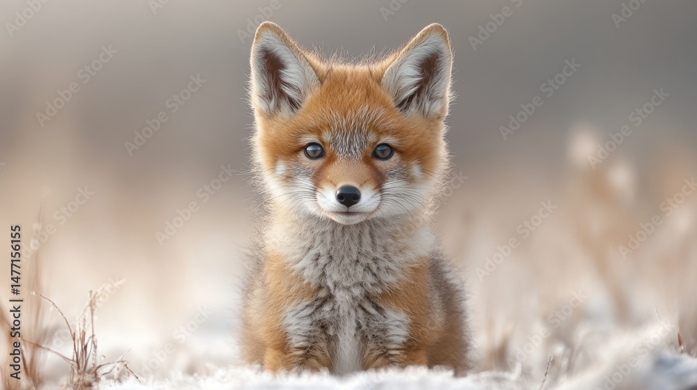 Fototapeta premium Lindo retrato de coyote bebé con fondo azul claro para la educación sobre la vida silvestre y la conservación animal.