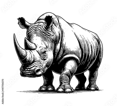 Detailed Line Art Drawing of a Standing Rhinoceros in Black and White Isolated