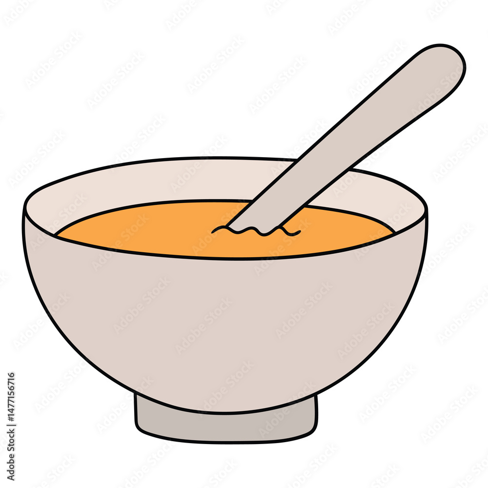 Hand drawn cartoon bowl of soup with spoon on white background. Hand drawn cartoon bowl of soup with spoon on white background.