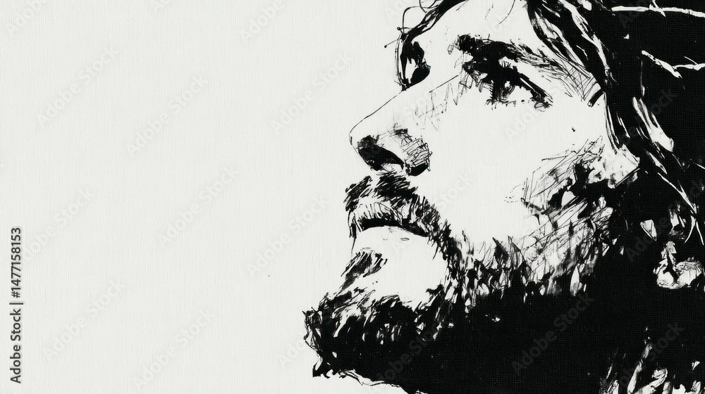 Obraz premium Black and white sketch of Jesus Christ wearing a crown of thorns, looking upward.