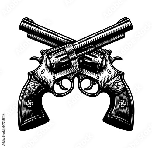 Crossed Revolvers Detailed Black and White Drawing with Vintage Style and Dangerous Mood
