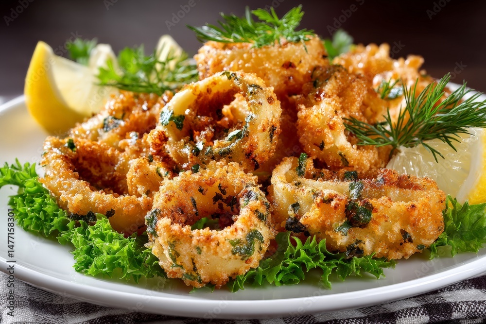 Crispy fried calamari served with fresh lemon and garnished with herbs on a white plate Crispy fried calamari served with fresh lemon and garnished with herbs on a white plate