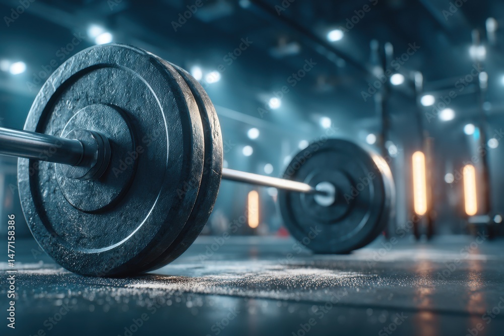 Naklejka premium Close-up shot of a barbell with heavy weights in a modern gym setting, ready for a powerful workout, highlighting strength and fitness with a minimalist design.
