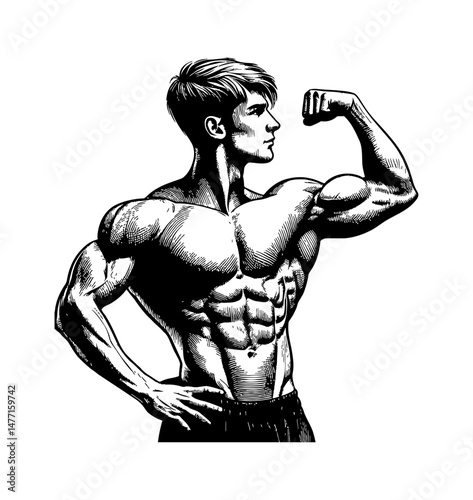 Muscular man flexing arm and showing biceps triceps in detailed black and white line art