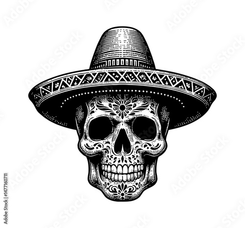 Detailed Engraving of Skull Wearing Sombrero with Decorative Floral Details Isolated