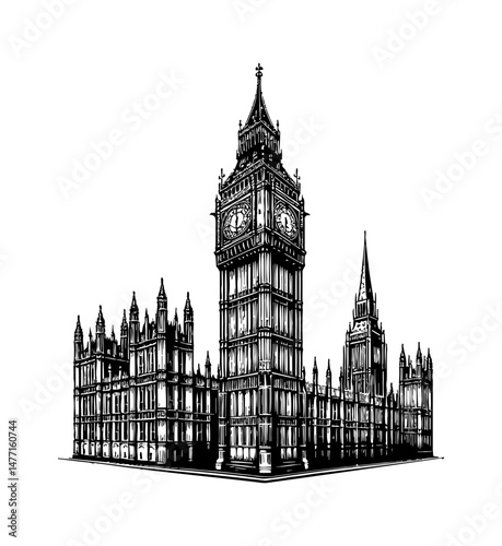 Detailed Black and White Engraving of Big Ben and the Houses of Parliament