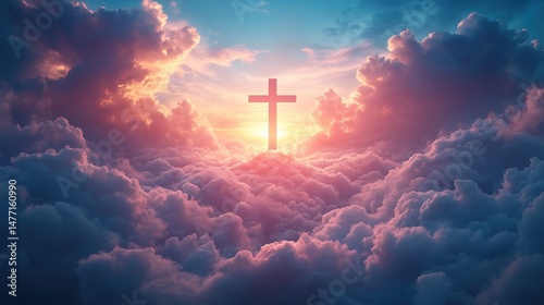 Golden Cross in Celestial Cloudscape - Divine Sunset Background for Religious Festival Posters and Spiritual Design