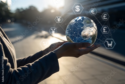 Online internet banking interbank payment concept. Man with virtual global currency symbols on hand. Money transfers and currency exchanges between countries of the world. Business finance.