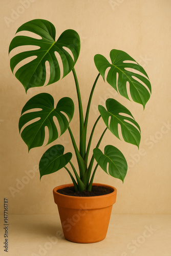 Monstera plant in ceramic pot against neutral wall