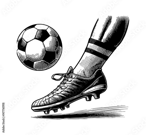 Engraved Style Illustration of Leg with Football Shoe Kicking Soccer Ball in Black and White