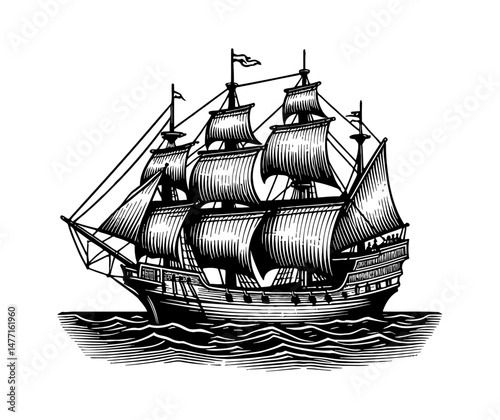 Engraved Black and White Sailing Ship on the Water with Detailed Texture and Line Art