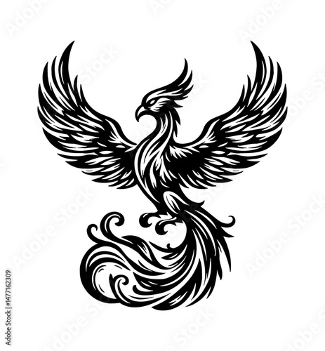 Elegant Black and White Phoenix Illustration with Spread Wings and Ornamental Tail, Isolated Graphic Design