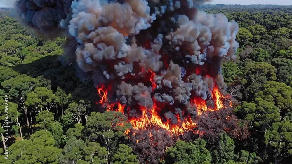 Incêndio florestal — as florestas da Amazônia em chamas no Brasil, vídeo gerado por IA, vista aérea

