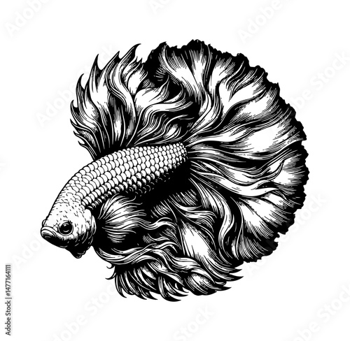 Detailed Engraving Illustration of a Siamese Fighting Fish with Flowing Fins