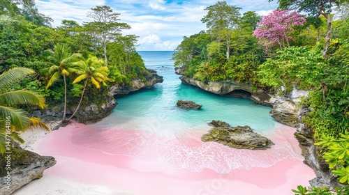 Fototapeta Naklejka Na Ścianę i Meble -  Serene Tropical Paradise Pink Sand Beach Turquoise Water Lush Forest Caribbean Island Coastal Beauty