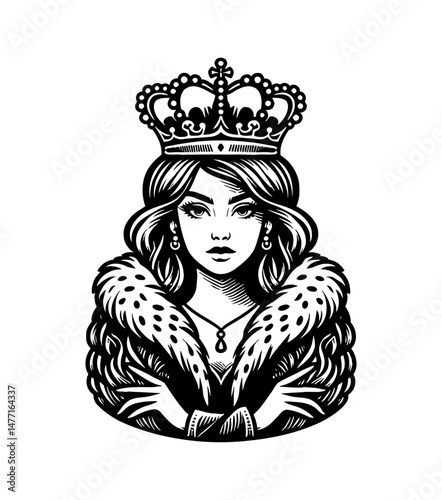 Elegant Queen with Crown and Fur Coat in Detailed Black and White Vector Illustration