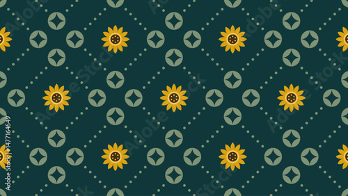 Sunflower and geometric teal fabric design.