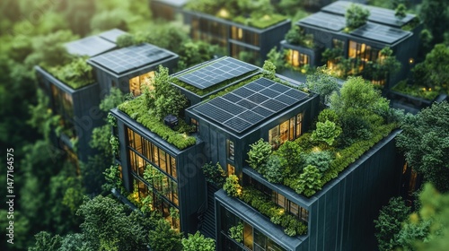 Sustainable urban development with green rooftops.