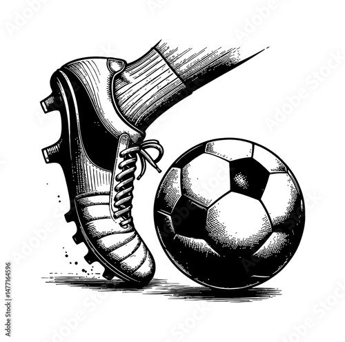 Hand Drawn Soccer Ball and Cleat Illustration with Traditional Black and White Engraving Art