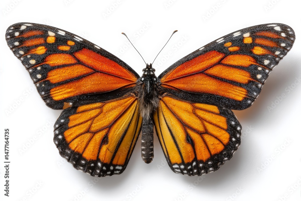 Fototapeta premium Monarch butterfly displaying vibrant orange and black wings against a white background, highlighting intricate patterns and details