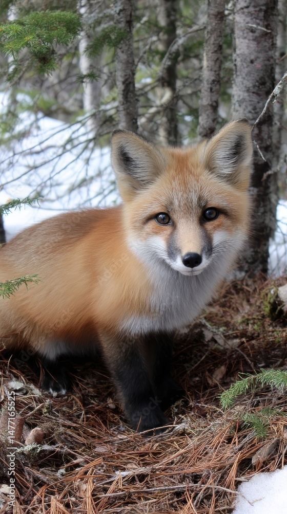 Obraz premium Red Fox in Winter Forest Looking at Camera Wildlife in Natural Habitat Beautiful wild animal amongst trees and snow nature