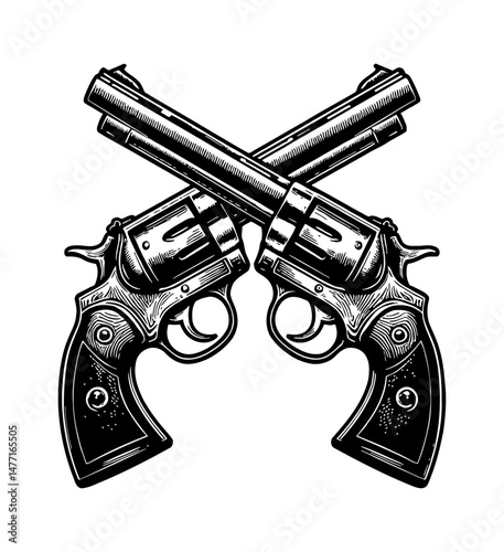 Crossed Revolvers Illustration in Black and White Engraved Style with Detailed Line Art